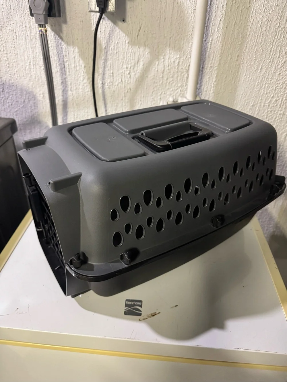 Grey Plastic Pet Carrier with Black Wire Door